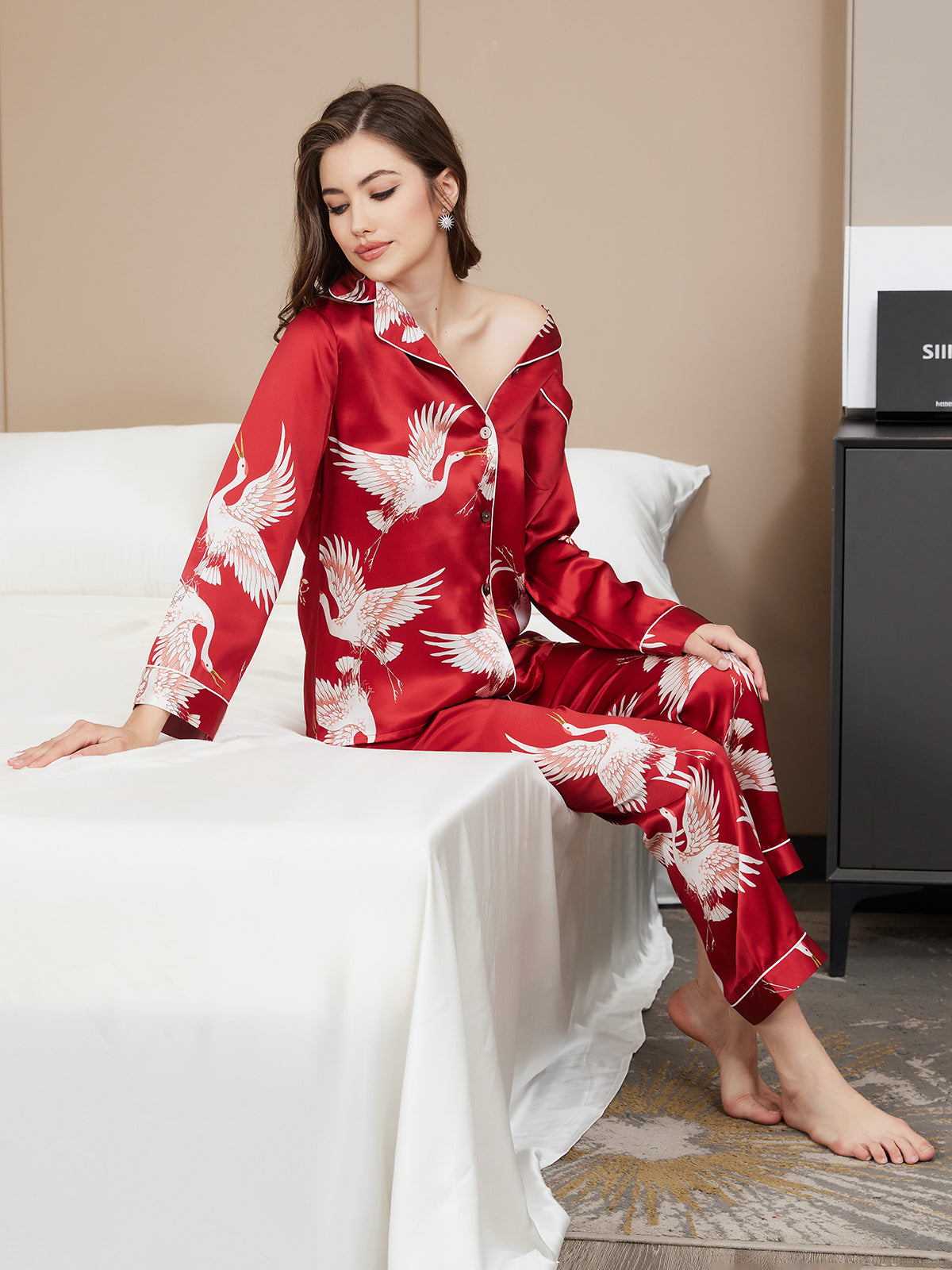 SilkSilky  19Momme Pure Silk Long Sleeve Lapel Women's Pajamas DarkRed 007