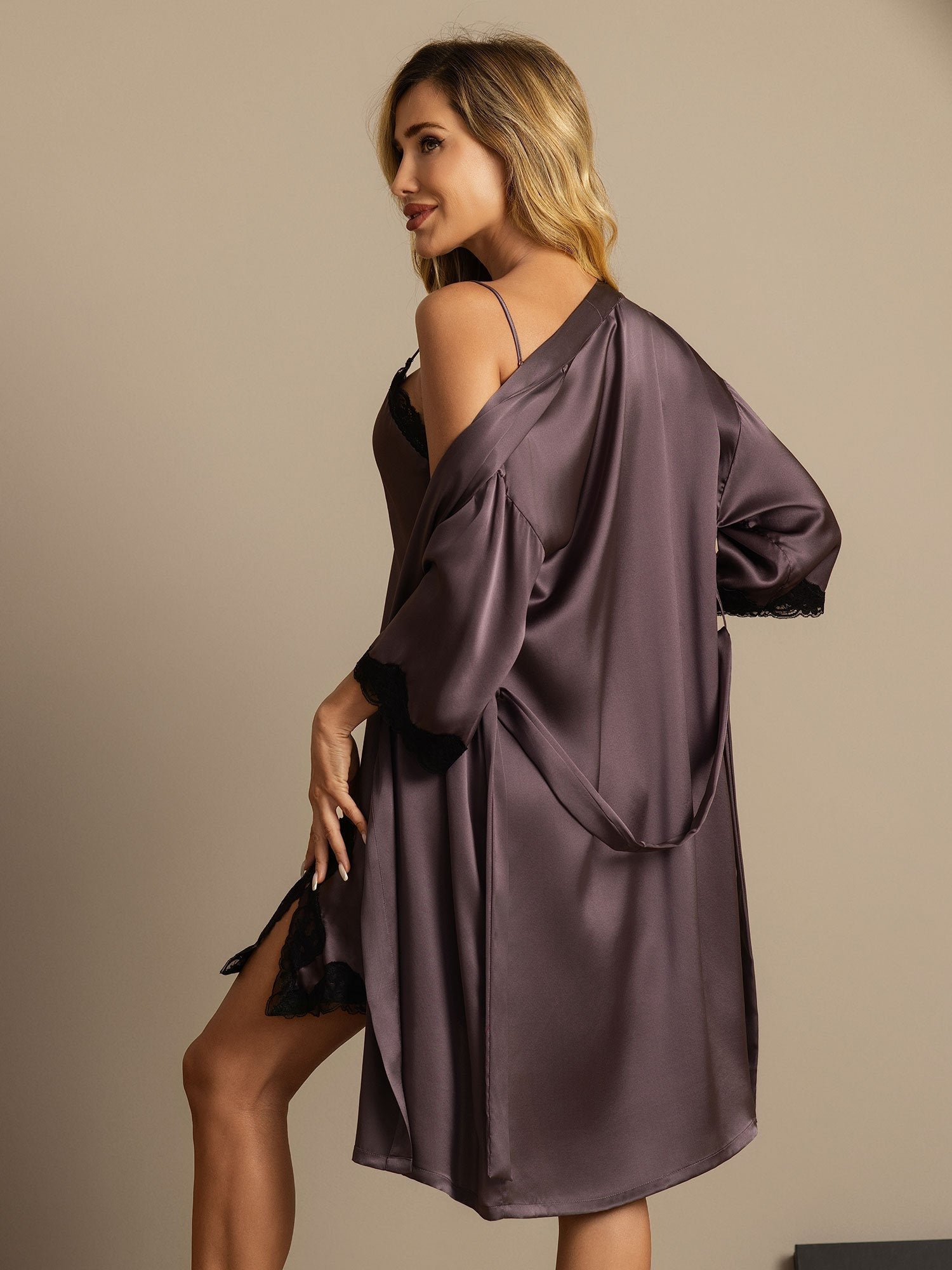 [PurpleGray] SilkSilky Pure Silk V Neck Nightgown&Robe Set 002