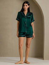[Dark Green] SilkSilky  Short Sleeve Lapel Collar Women's Pajamas 007