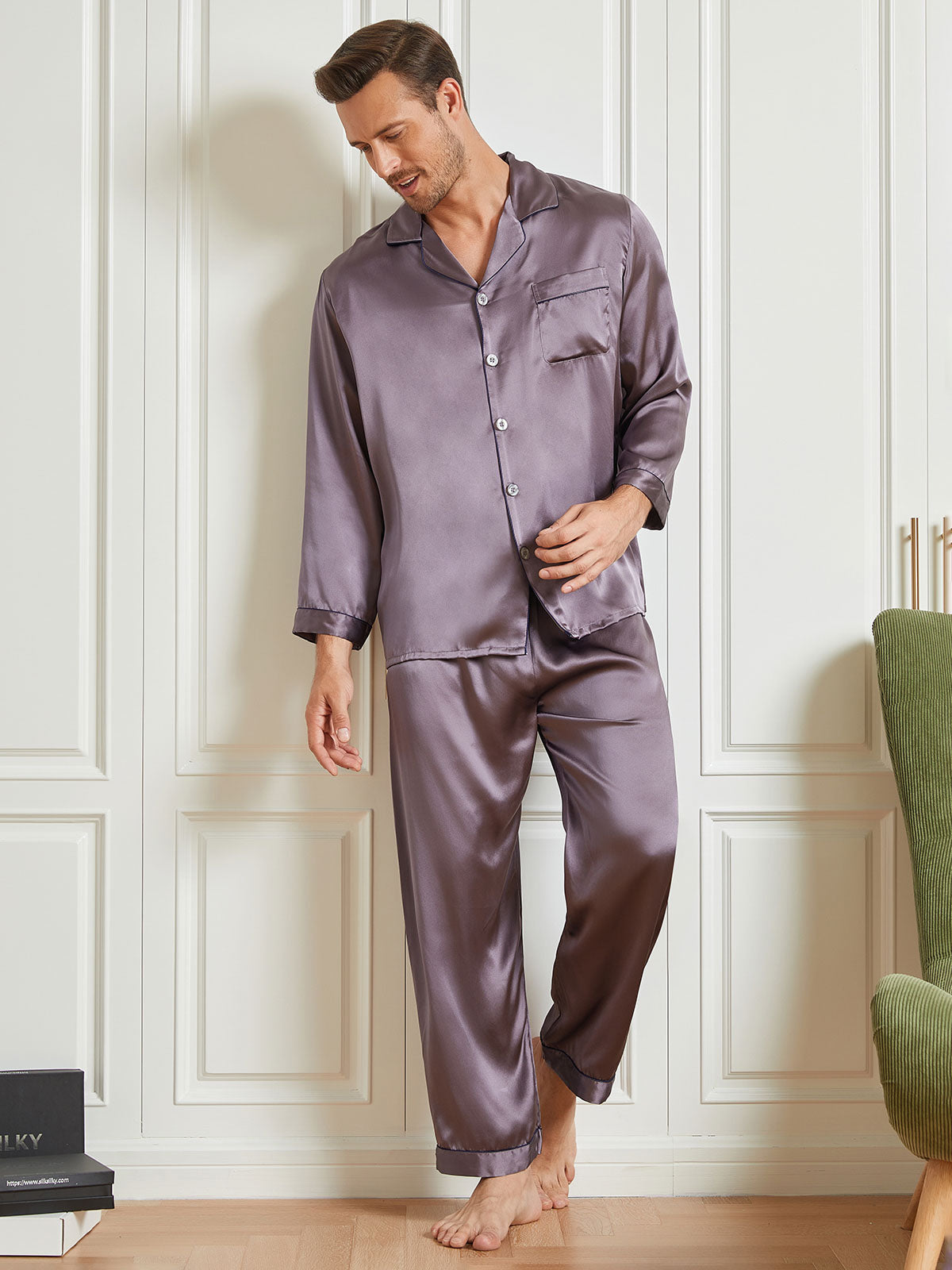 SilkSilky US 19Momme Pure Silk Long Sleeve Lapel Men's Pajamas Gray 004