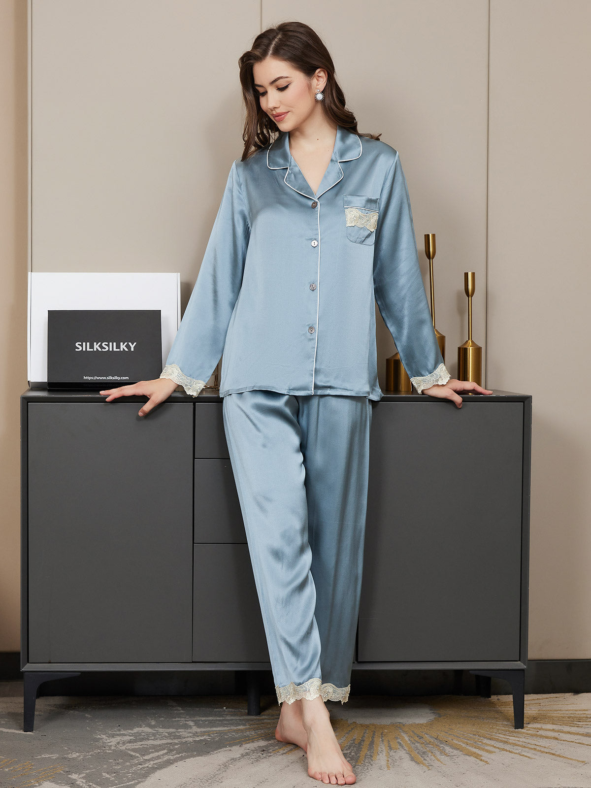 [Steel Blue] SilkSilky Pure Silk Long Sleeve Lapel Women's Pajamas 004