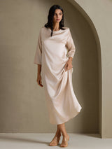[Beige] SilkSilky 3/4 Sleeve Round Neck Dress 005