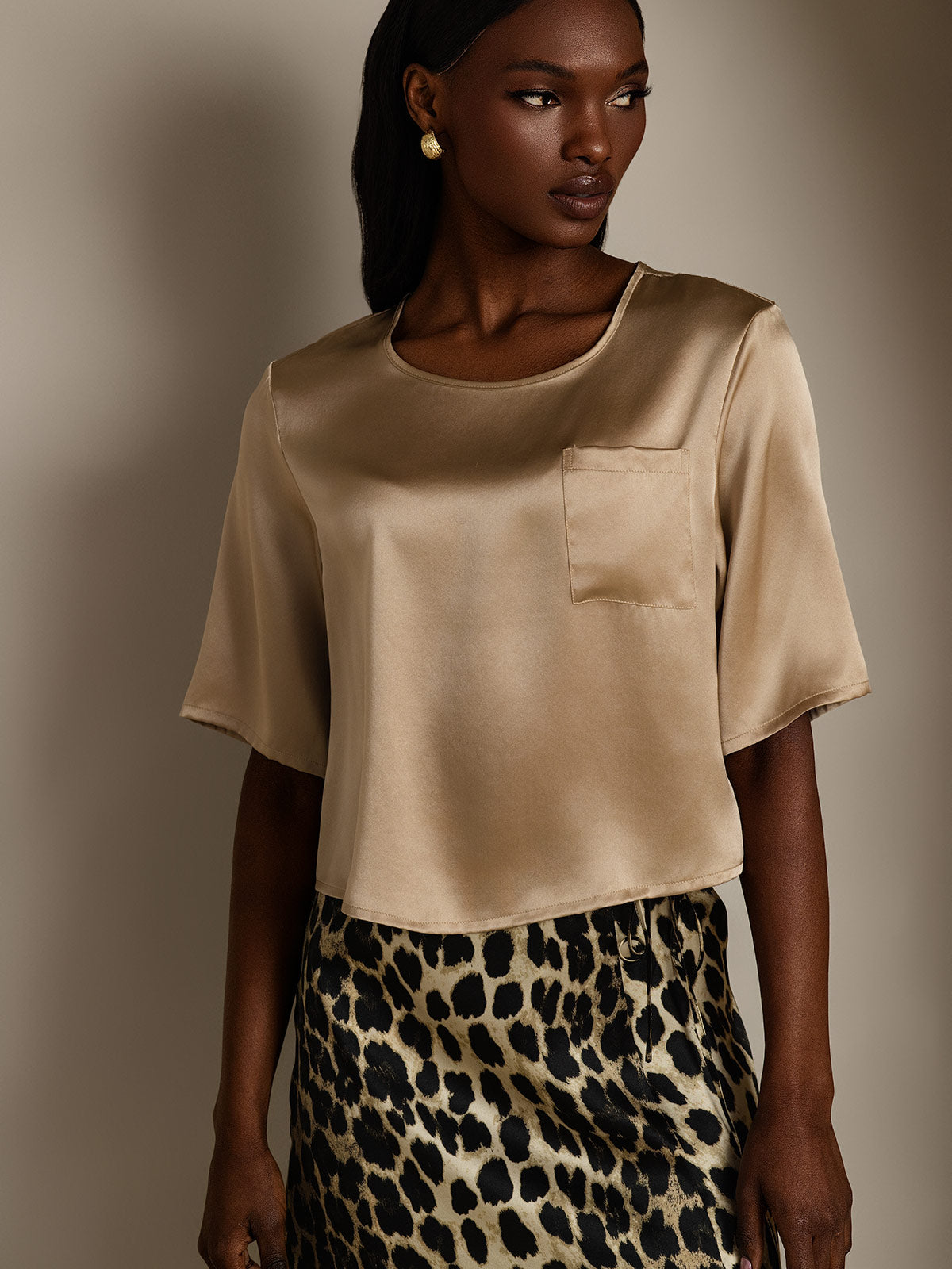 [Champagne] SilkSilky  Pure Silk Boat Neck Women's T-Shirt 004