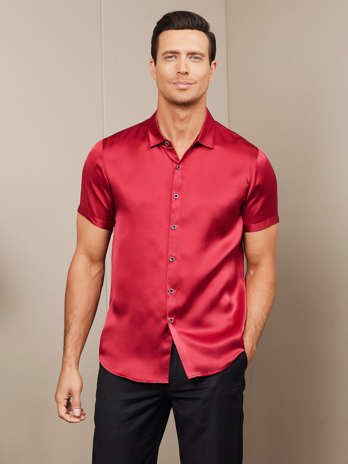 SilkSilky US Silk Blend Short Sleeve Collar Men's Shirt Red 003