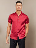 SilkSilky US Silk Blend Short Sleeve Collar Men's Shirt Red 003