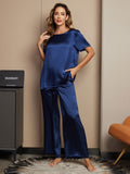 SilkSilky US Pure Silk Short Sleeve Round Neck Women's Pajamas DarkBlue 003