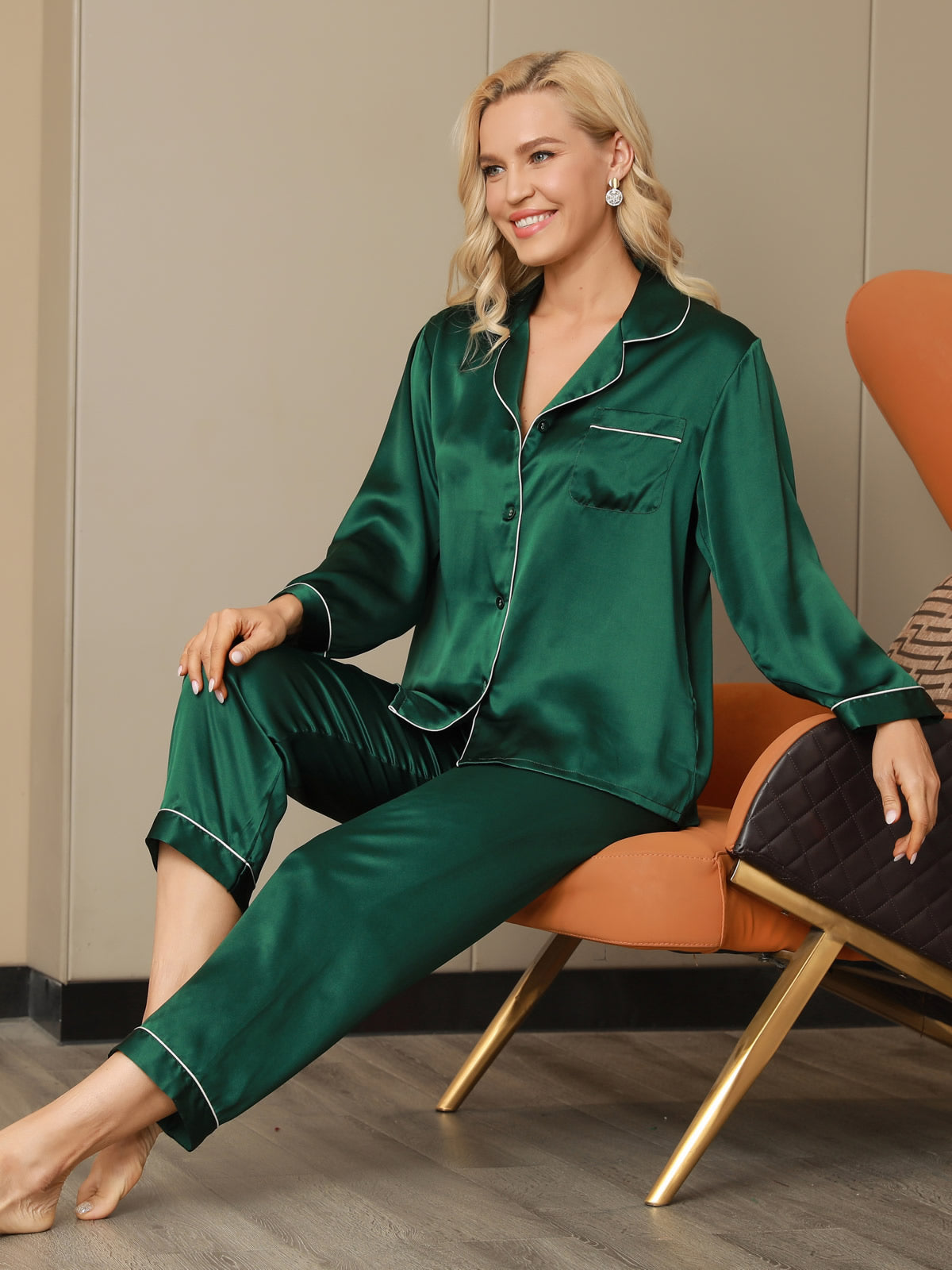 SilkSilky US Pure Silk Long Sleeve Lapel Women's Pajamas Green 001