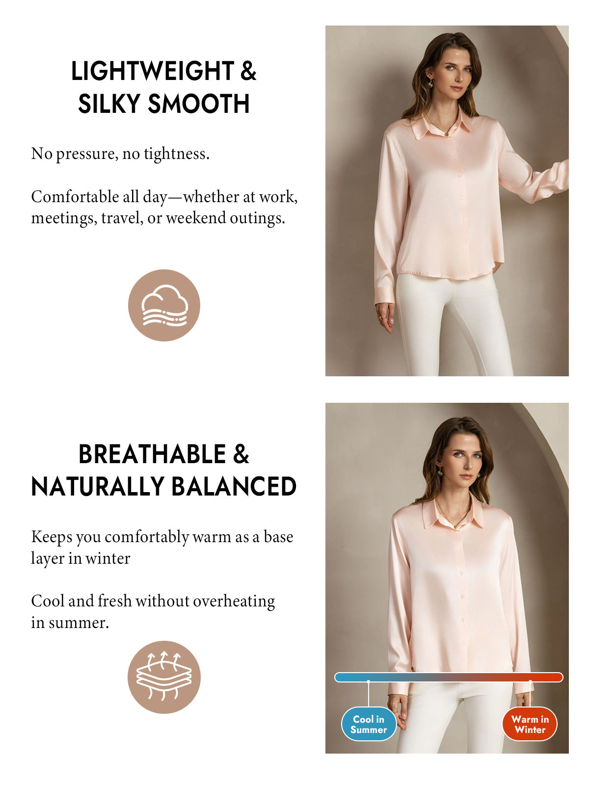 [Light Pink] SilkSilky  Silk Long Sleeve Lapel Collar Women's Shirt 004