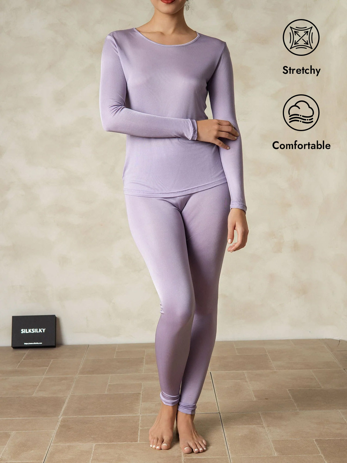 [Purple] SilkSilky  Silk Long Sleeve Round Neck Long Johns 001