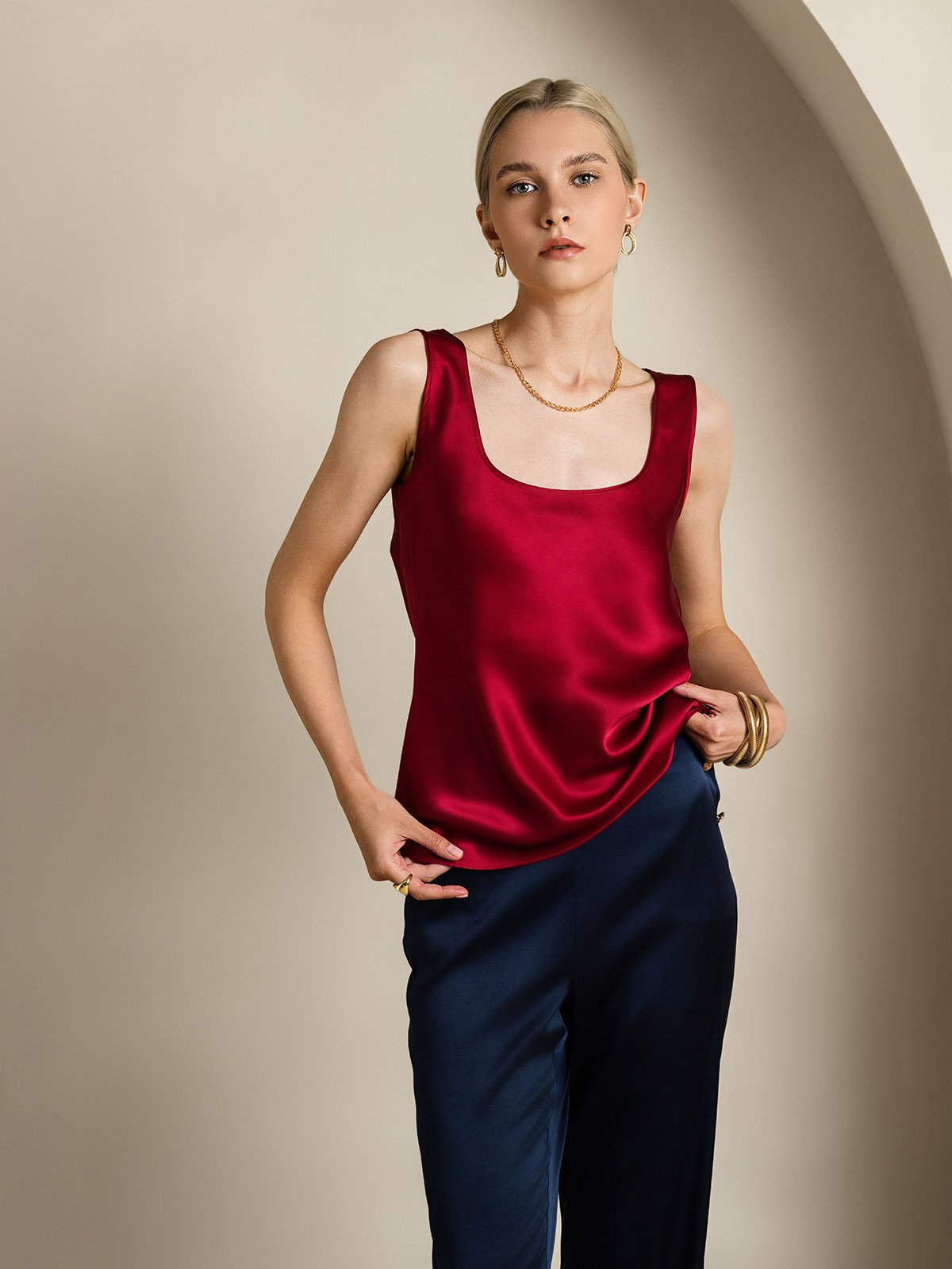 SilkSilky  19Momme Silk U Neck Camisole Top Wine 001