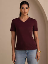 [Wine] SilkSilky  Short Sleeve V Neck Women's T-Shirt 003