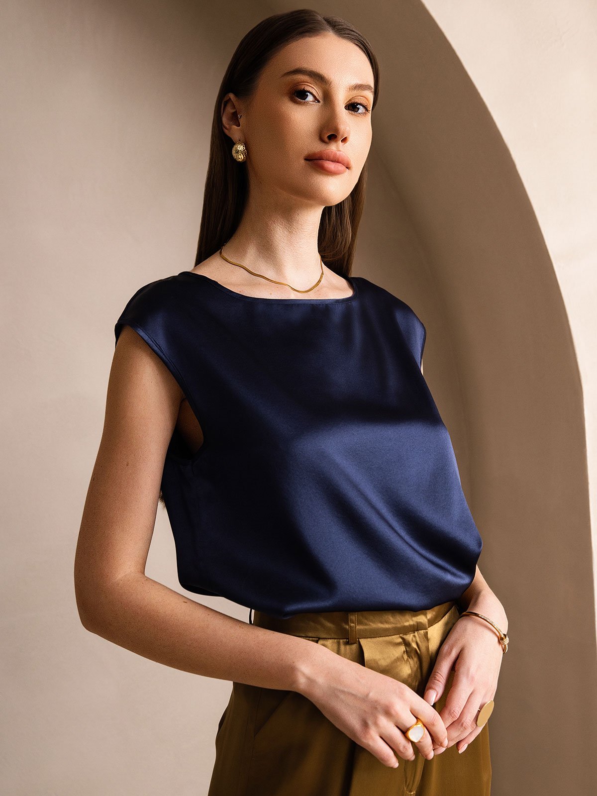 [Dark Blue] SilkSilky  19Momme Silk Round Neck Women's T-Shirt 003