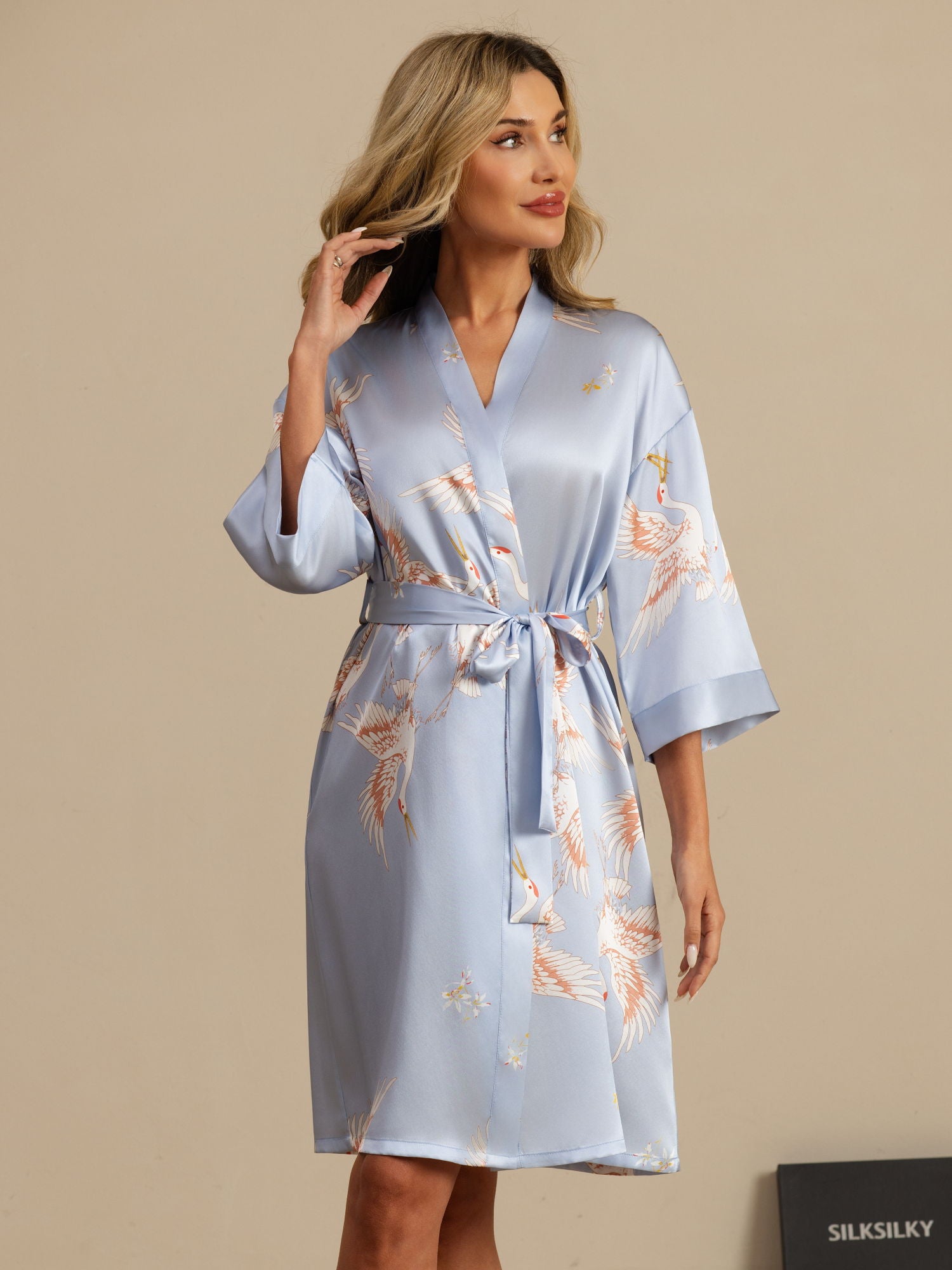 [Light Blue] SilkSilky  19Momme 3/4 Sleeve Women's Robe 003