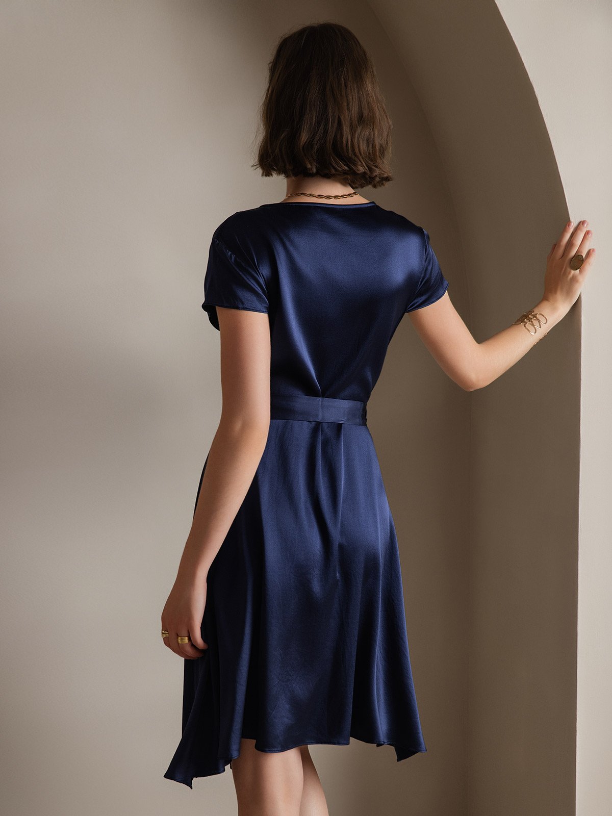 [Dark Blue] SilkSilky  19Momme Silk V Neck Dress 001