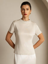[Gray] SilkSilky  100% Silk Jersey Short Sleeve Mock Neck Women's T-Shirt 001