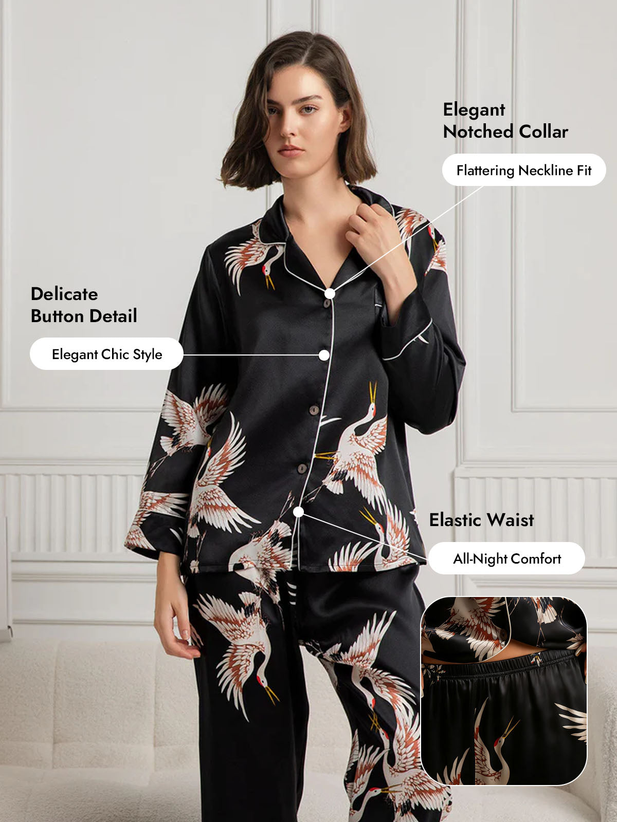 [Black] SilkSilky  19Momme Pure Silk Long Sleeve Notch Collar Women's Pajamas 006