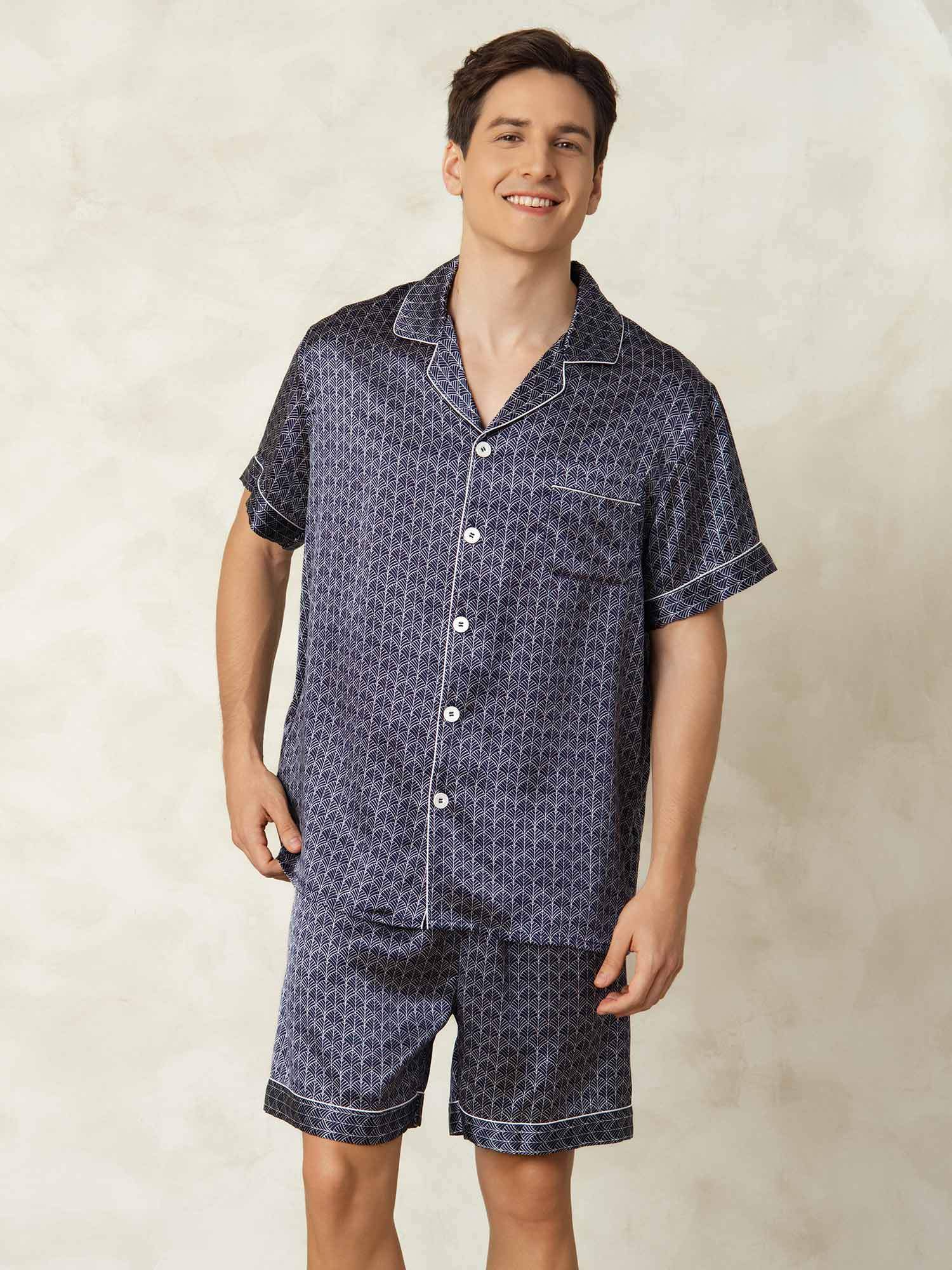 [NavyGinkgo] SilkSilky Pure Silk Lapel Collar Men's Pajamas 005