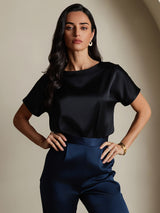 [Black] SilkSilky  19Momme Stretch Silk Charmeuse Short Sleeve Boat Neck Women's T-Shirt 003