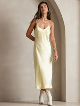 [Light Yellow] SilkSilky  Spaghetti Strap V Neck Dress 004
