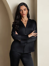 [Black] SilkSilky  19Momme Long Sleeve Notch Collar Women's Shirt 003