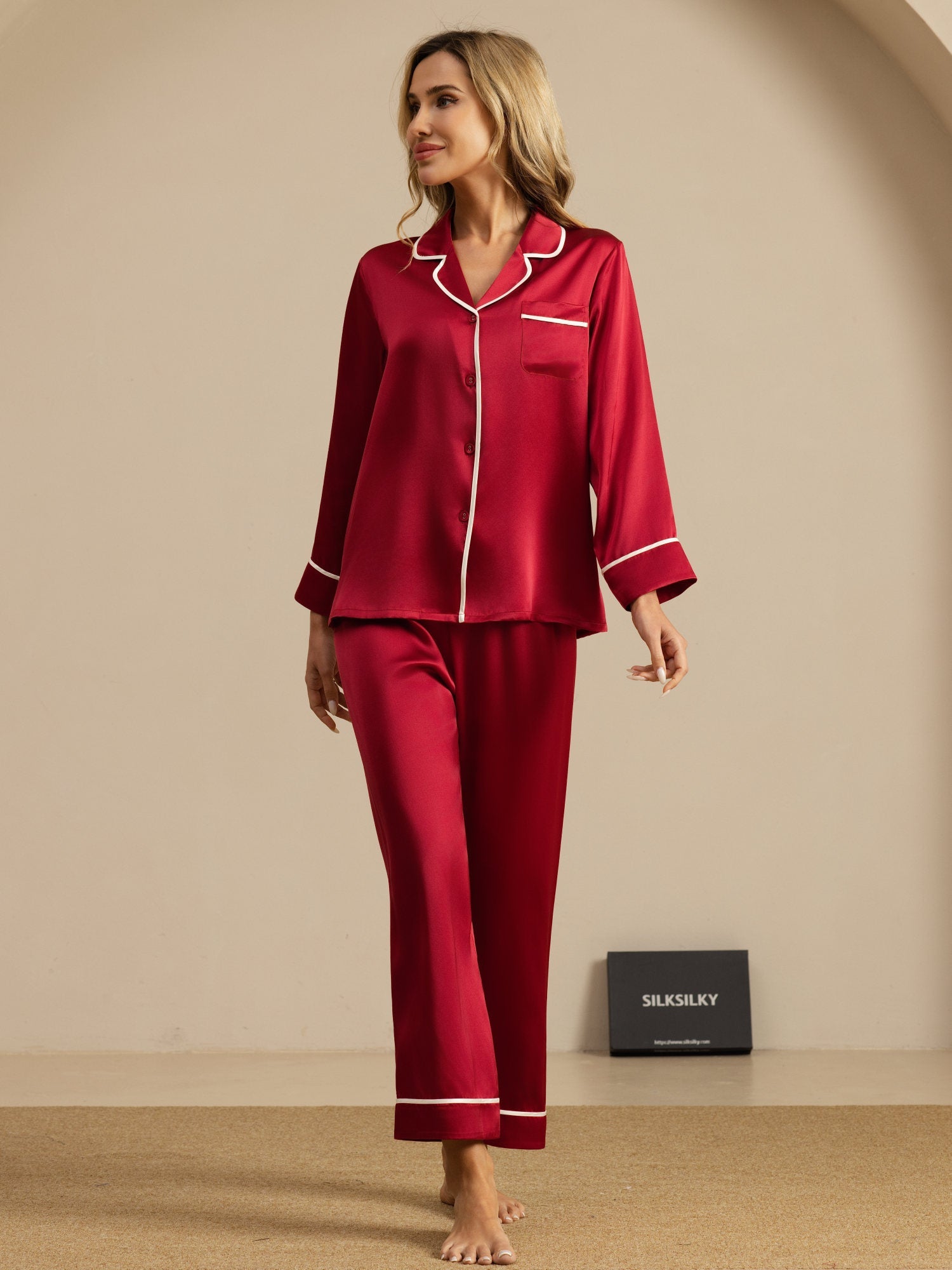 [Wine] SilkSilky  Long Sleeve Notch Collar Women's Pajamas 003