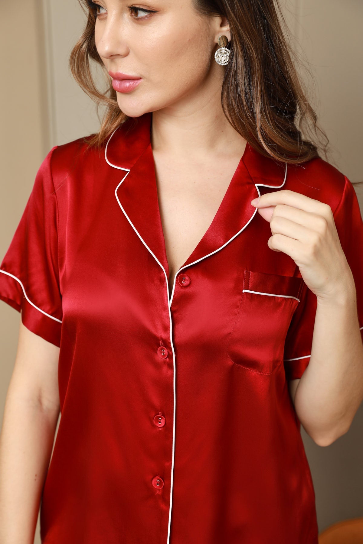 SilkSilky  Pure Silk Short Sleeve Lapel Women's Pajamas Wine 008