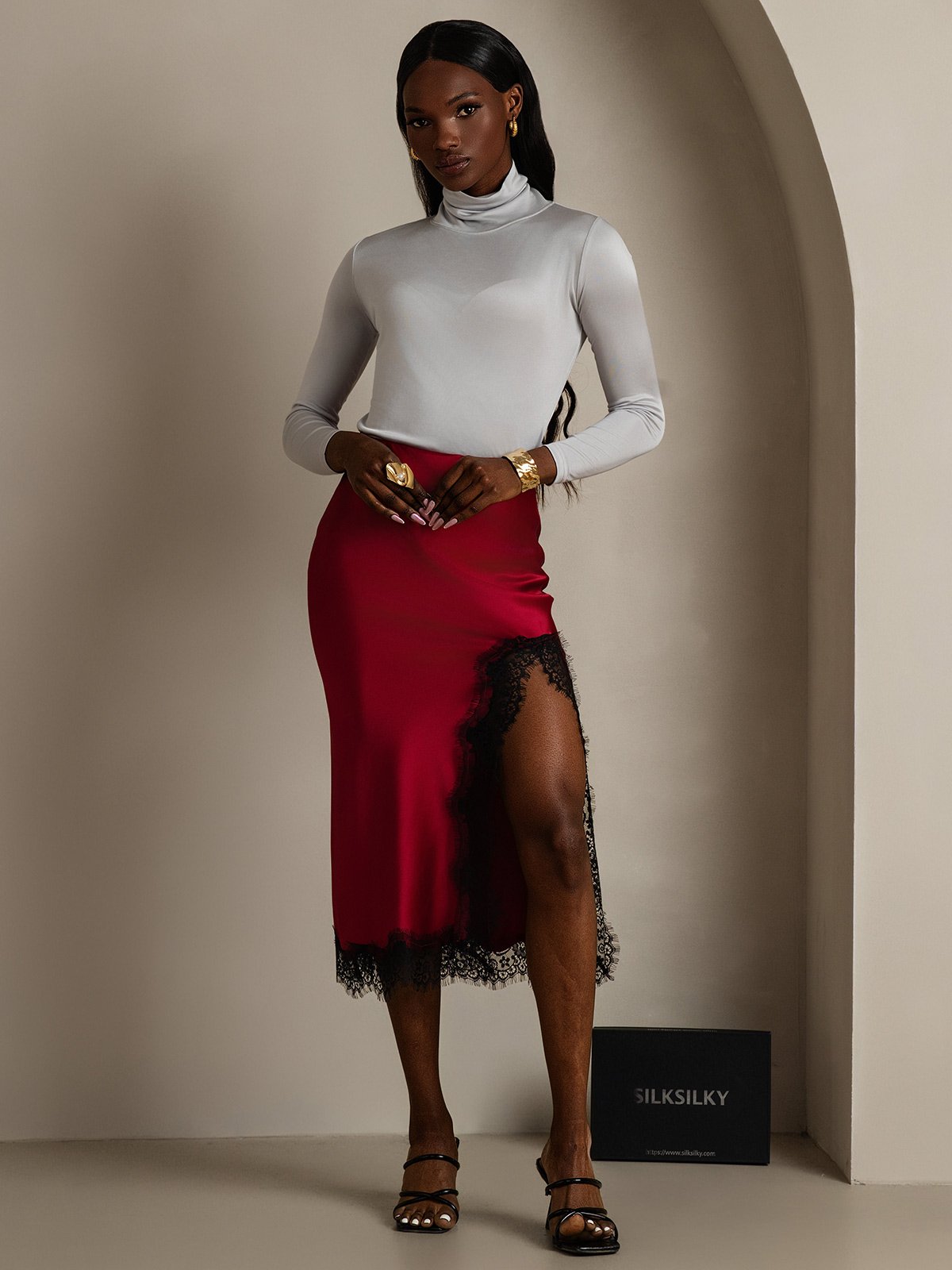 [Wine] SilkSilky  19Momme Silk Split Skirt 005