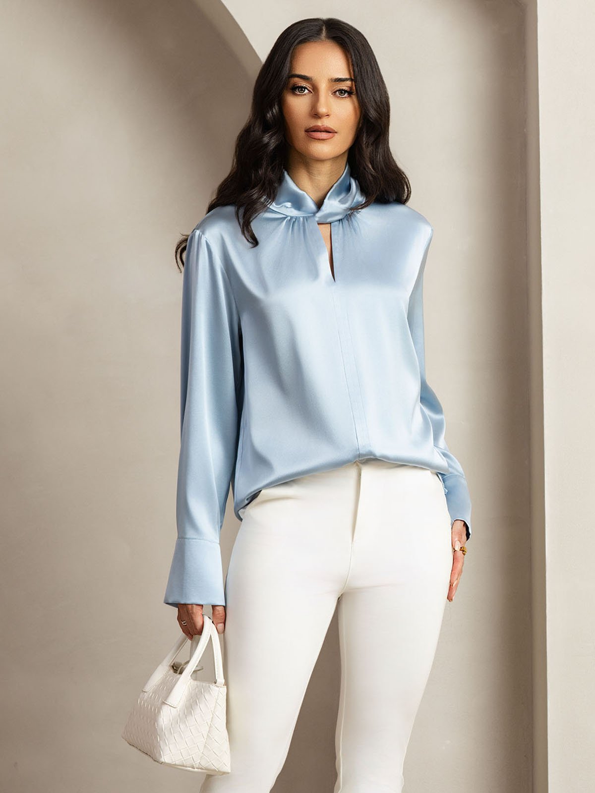 [GrayishBlue] SilkSilky 19Momme Silk Keyhole Neck Women's Shirt 001