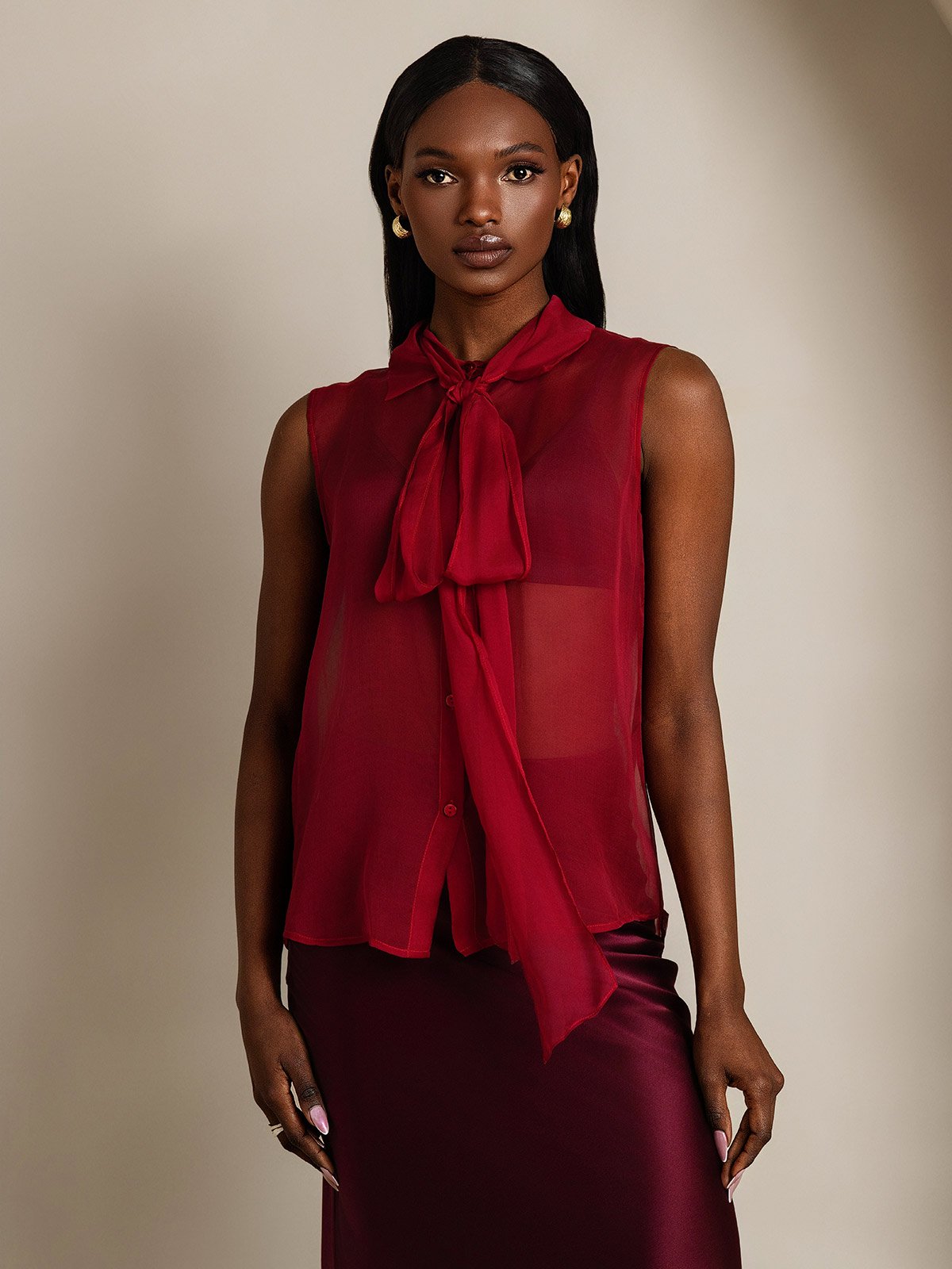 SilkSilky Pure Silk Sleeveless Tie Neck Women's Shirt Wine 001
