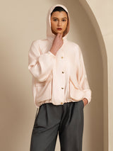Beige pure silk hooded jacket with large flap pockets and relaxed fit