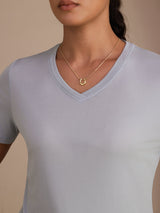 [Grayish Blue] SilkSilky  Short Sleeve V Neck Women's T-Shirt 004