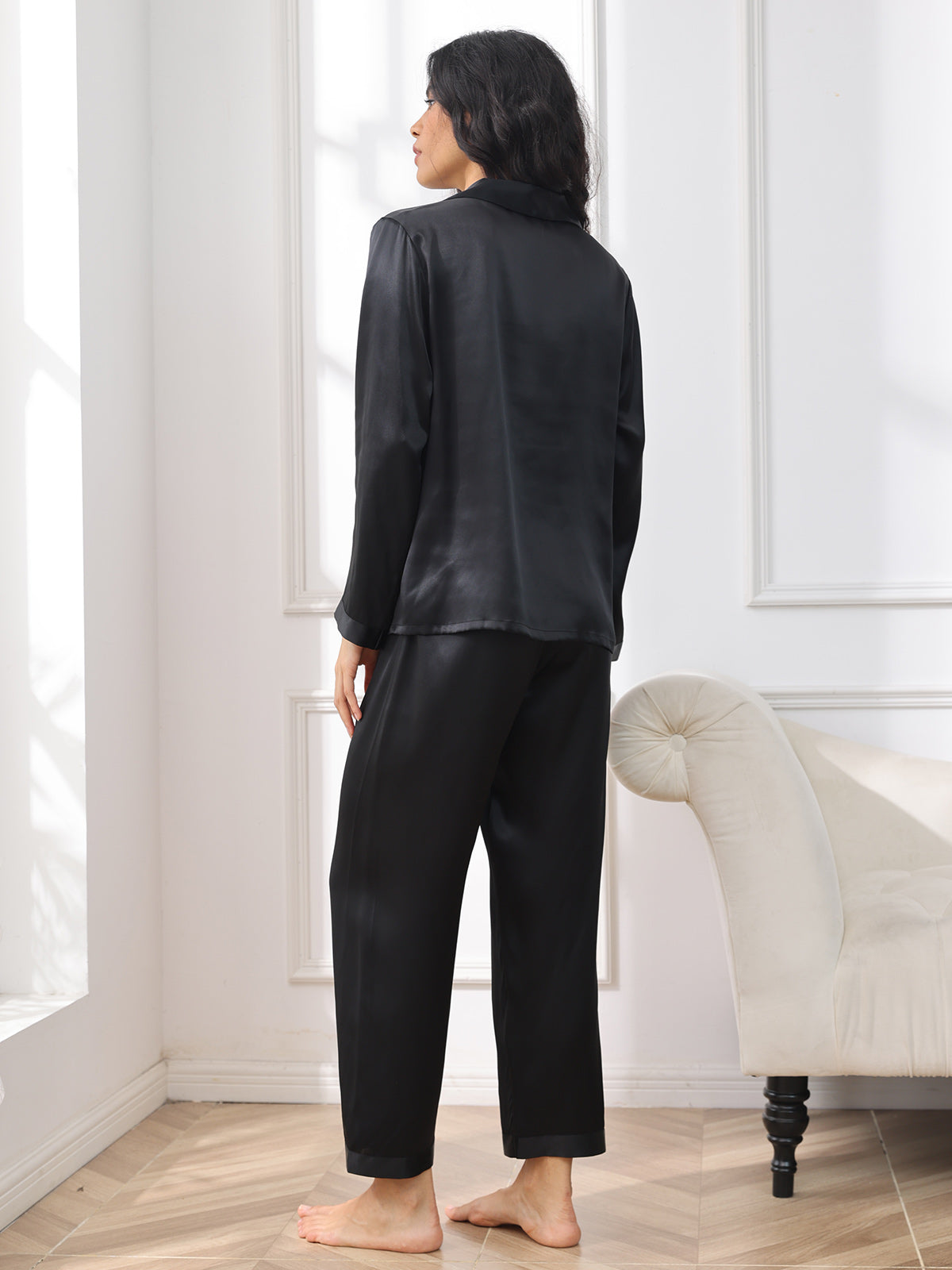 SilkSilky US Pure Silk Long Sleeve Lapel Women's Pajamas Black 002