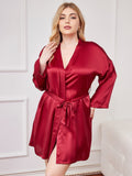 SilkSilky  Pure Silk Long Sleeve Deep V Neck Plus Size Robe Wine 004