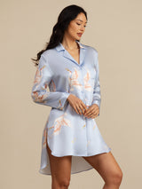 [Light Blue] SilkSilky  19Momme Long Sleeve Notch Collar Nightshirt 001