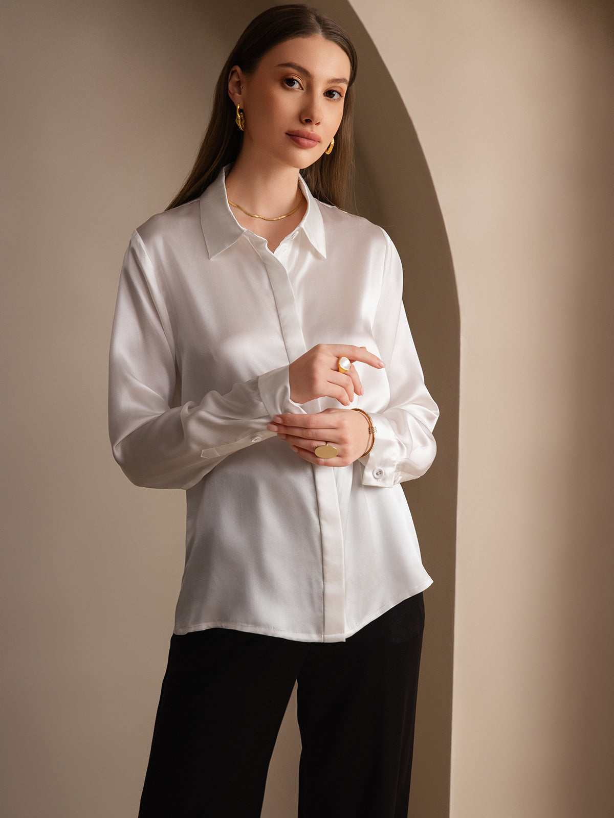 SilkSilky  19Momme Silk Blend Long Sleeve Collar Women's Shirt White 005