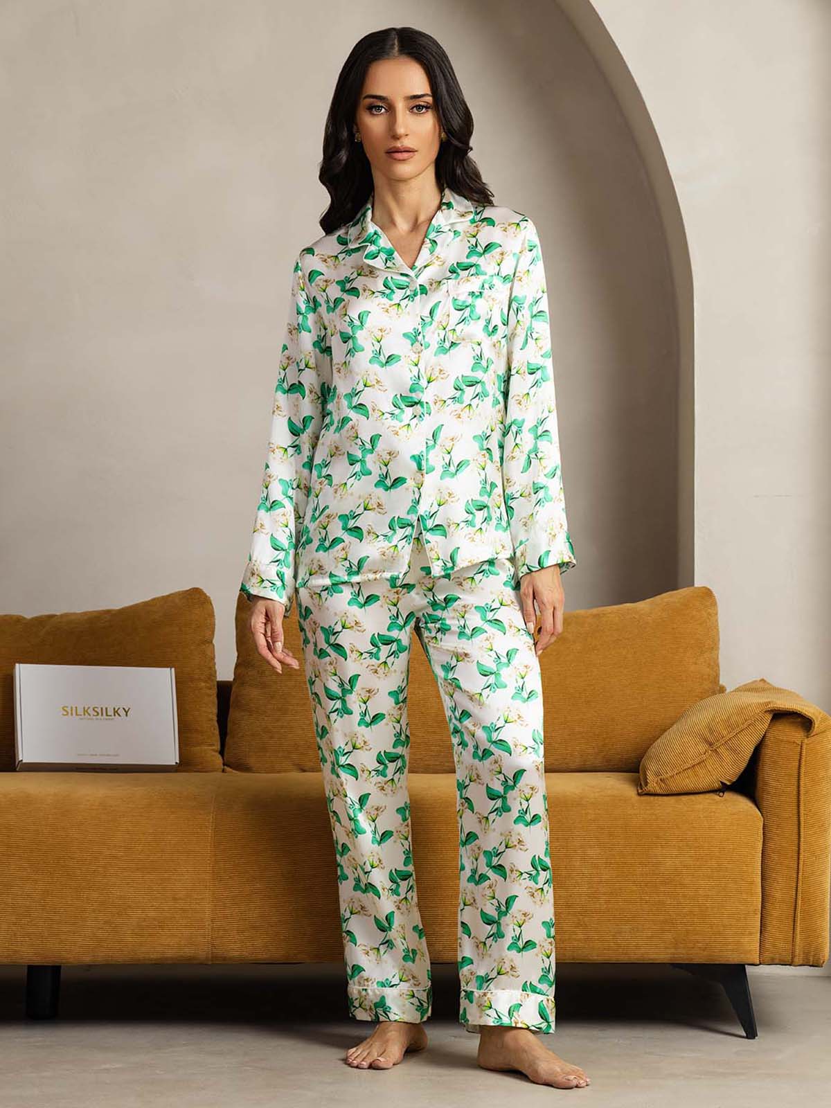 [Green Floral] SilkSilky  Pure Silk Womens Pajamas 001