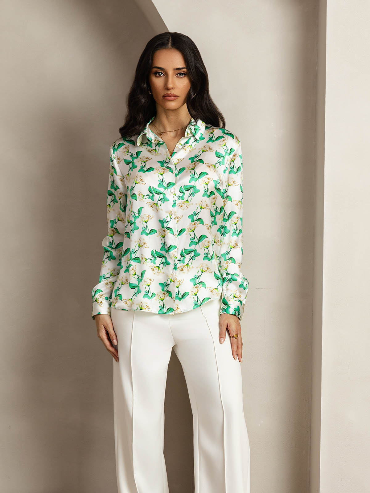 [Green Floral] SilkSilky  Silk Lapel Collar Women's Shirt 003