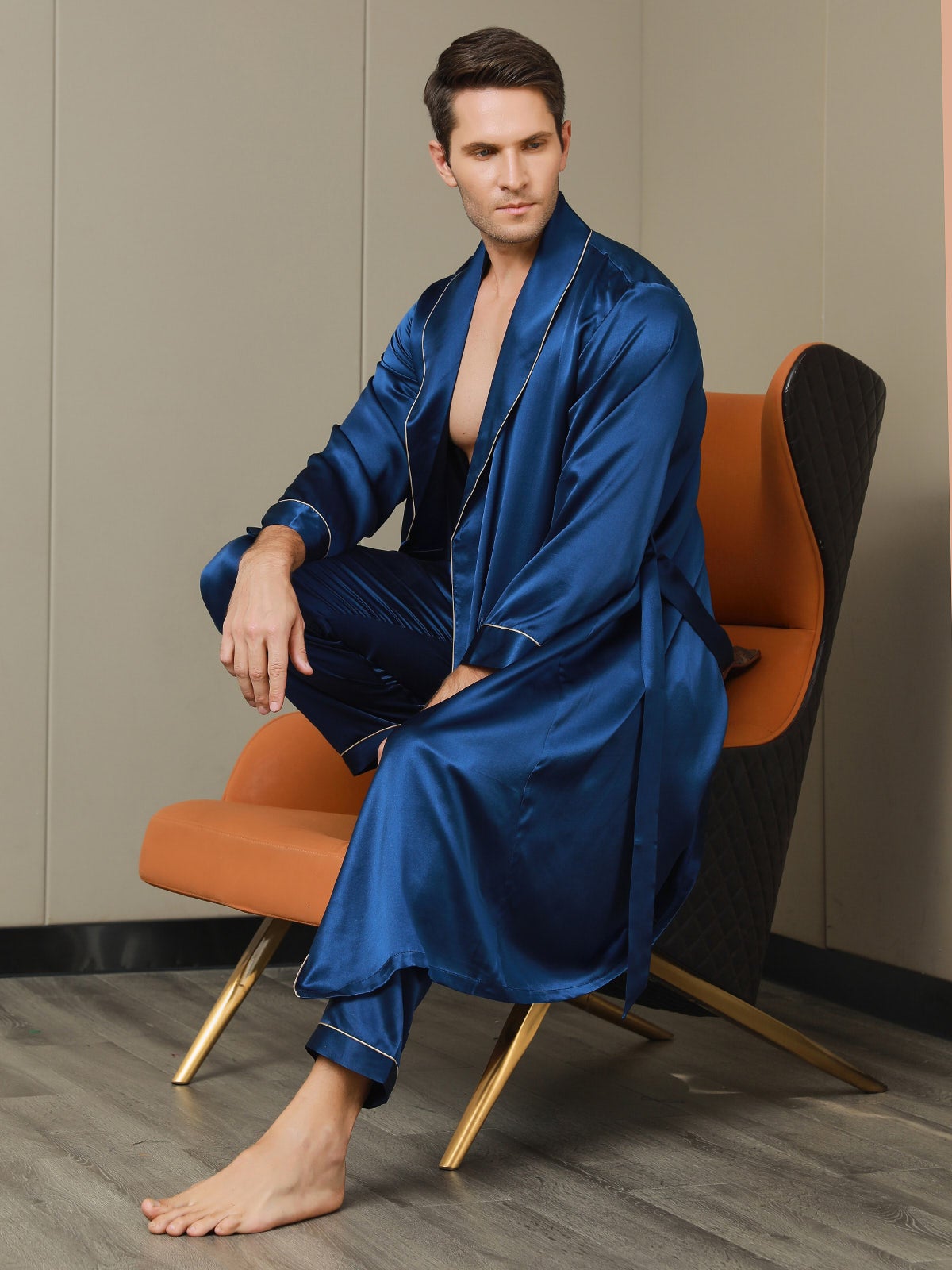 SilkSilky US Pure Silk Long Sleeve Lapel Men's Robe DarkBlue 004