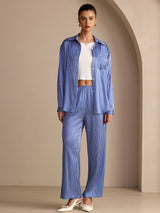 [Blue Pinstripe] SilkSilky Long Sleeve Lapel Collar Women's Outfit Sets 007