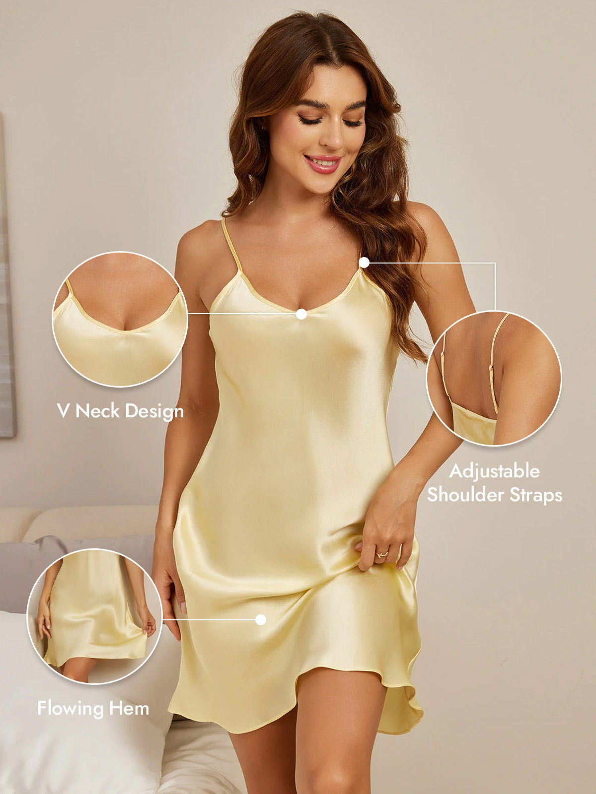 [Light Yellow] SilkSilky  Pure Silk V Neck Nightgown 005