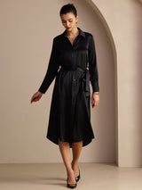 [Black] SilkSilky Long Sleeve Lapel Collar Dress 005