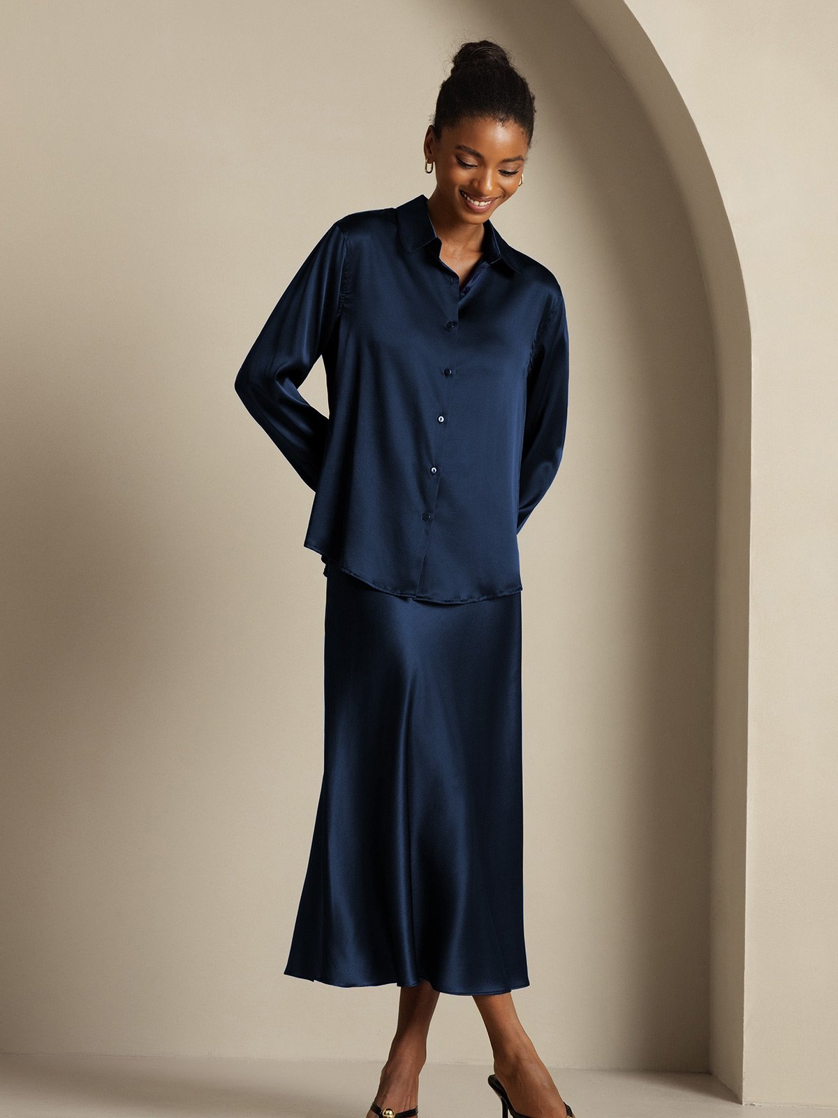 [Dark Blue] SilkSilky  19Momme Silk Lapel Collar Women''s Outfit Sets 004,