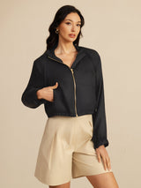 [Black] SilkSilky 18Momme Silk Satin Surah Long Sleeve High Neck Women's Outerwear 004