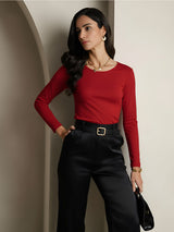[Wine] SilkSilky  Silk Jersey Long Sleeve Round Neck Women's T-Shirt 001