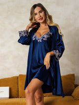 [Dark Blue] SilkSilky  3/4 Sleeve V Neck Nightgown&Robe Set 001