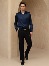 [Dark Blue] SilkSilky 19Momme Stretch Silk Charmeuse Long Sleeve Lapel Collar Men's Shirt 007