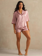 [Peach Skin] SilkSilky  19Momme Machine-Washable Silk Half Sleeve Notch Collar Women's Pajamas 007