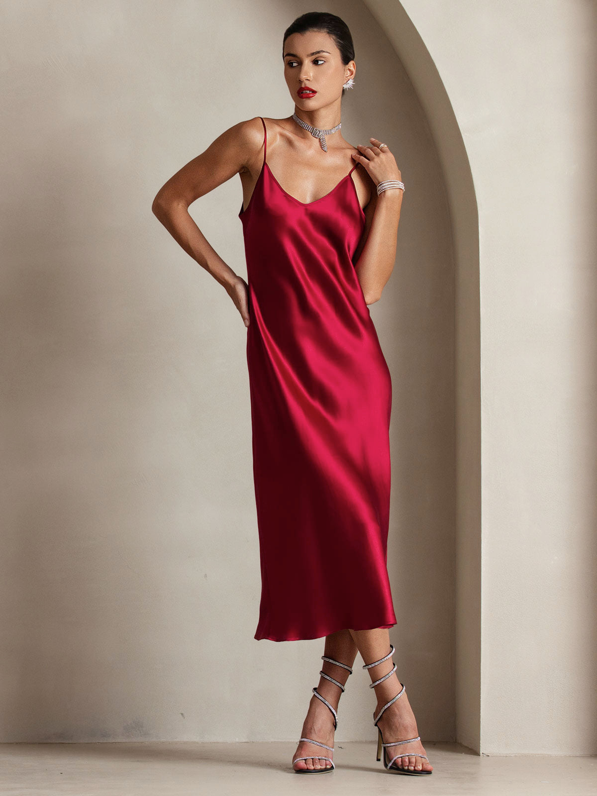 SilkSilky  Pure Silk Sleeveless Round Neck Dress Wine 003