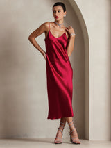 [Wine] SilkSilky  Spaghetti Strap V Neck Dress 003