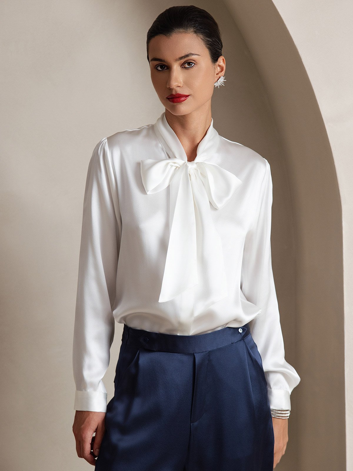 [White] SilkSilky 19Momme Silk Long Sleeve Tie Neck Women's Shirt 001